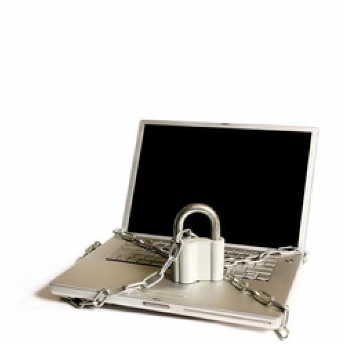 Laptop secured with padlock and chain graphic
